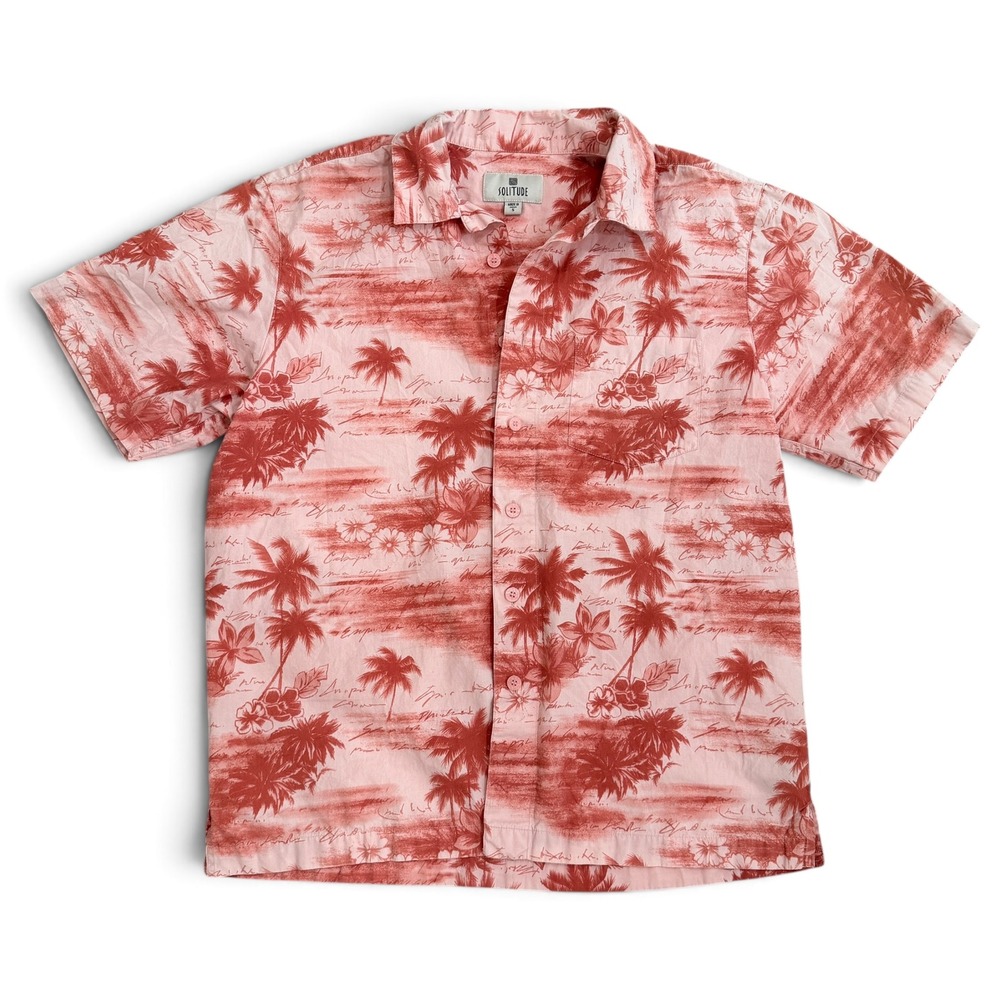 Solitude Mens Small S Short Sleeve Button Down Shirt Coral Pink Tropical Palm